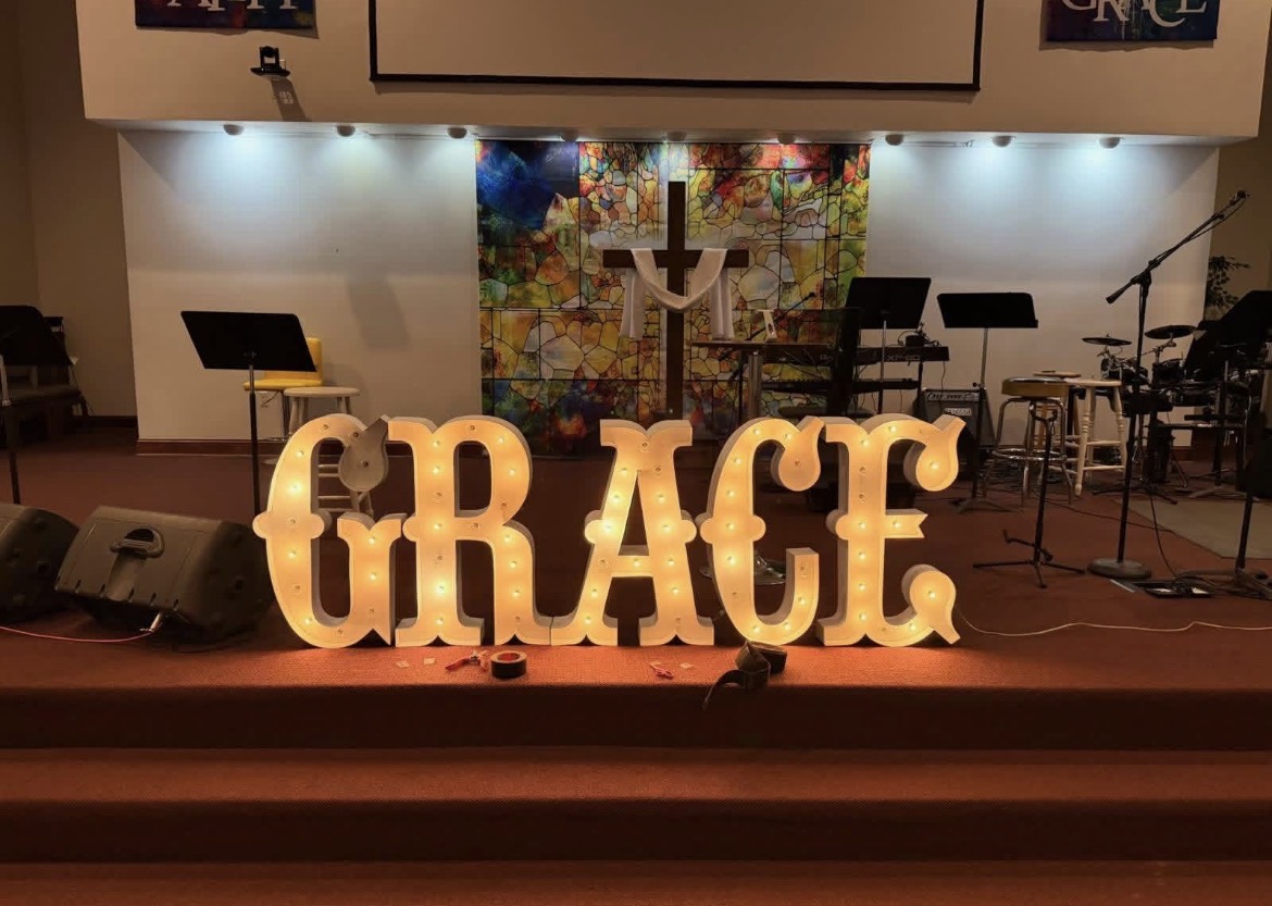 GRACE letters illuminated on the Skyline Church stage